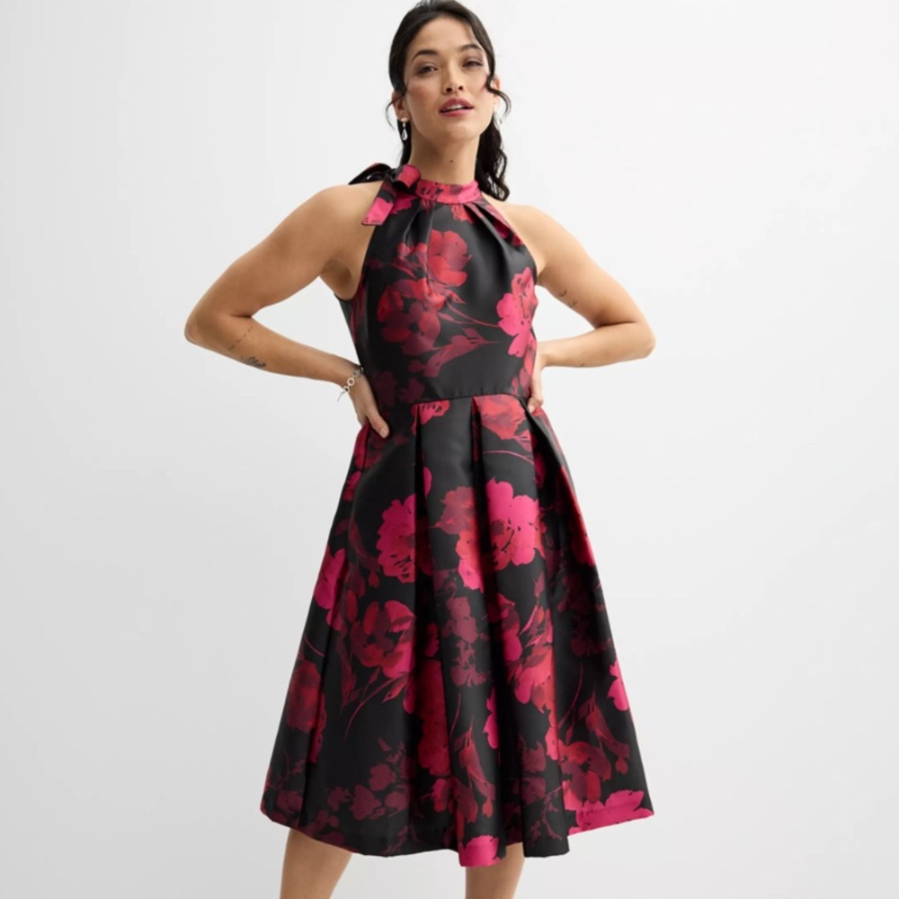 NWT Maison Tara Black and red Floral Midi Dress